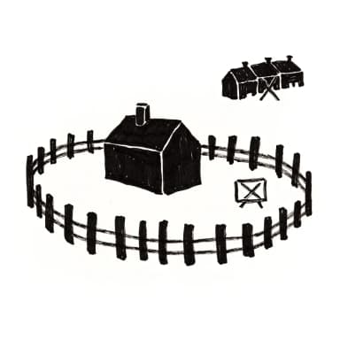 Hand-drawn marker illustration: a single detached house stands alone inside a drawn fence; a row of connected townhouses and a television are crossed out with bold X marks.