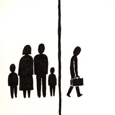 Hand-drawn marker illustration: a family stands together on one side of a heavy drawn line; on the other side, a lone figure walks away carrying a suitcase, head bowed.