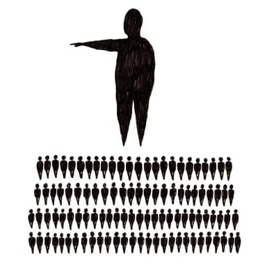 Hand-drawn marker illustration: one large figure points from above; rows of small identical figures stand below, facing up at him.